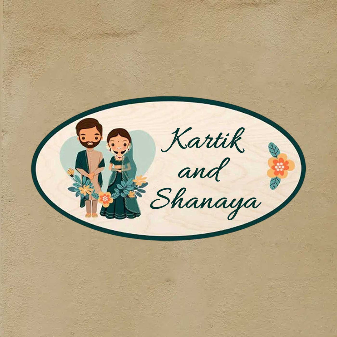 Printed Wooden Oval Character Nameplate For Couples