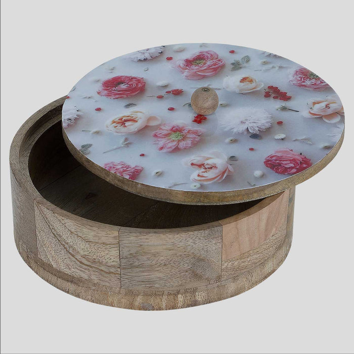 Handmade Flower Printed Mango Wood Roti Box With Tong