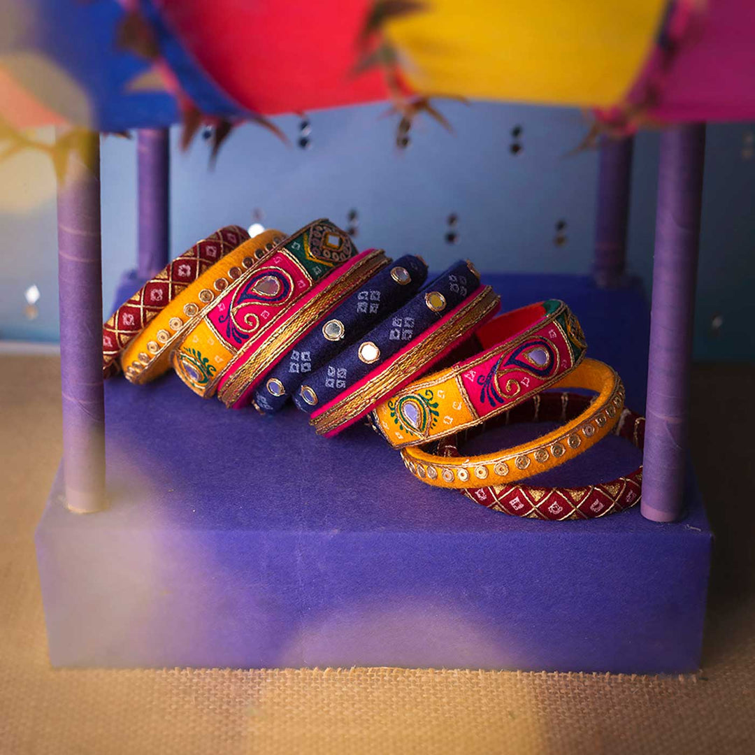 Yellow & Blue Handcrafted Yugma Mirror Work Bangles | Set of 10