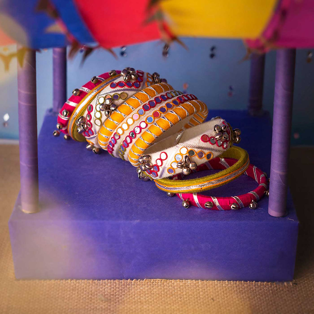 Pastel Handcrafted Surili Mirror Work & Ghugharu Bangles | Set of 10