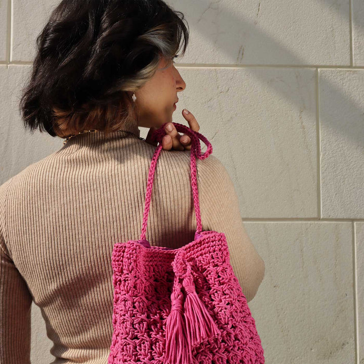 Handmade Crochet Drawstring Bucket Shoulder Bag