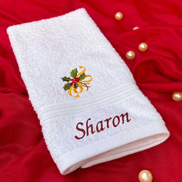 Personalized Stocking, Merry Christmas & Holly Leaves Embroidered Towel & Candle Hamper | Xmas Gifting Ideas | Set Of 6