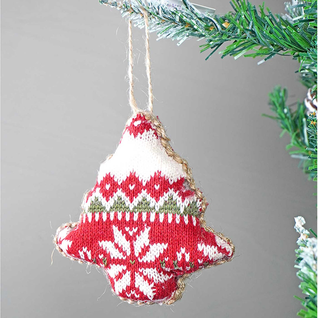 Handmade Red Knitted Snowflakes Themed Ornaments For Christmas Tree Decoration | Set Of 6