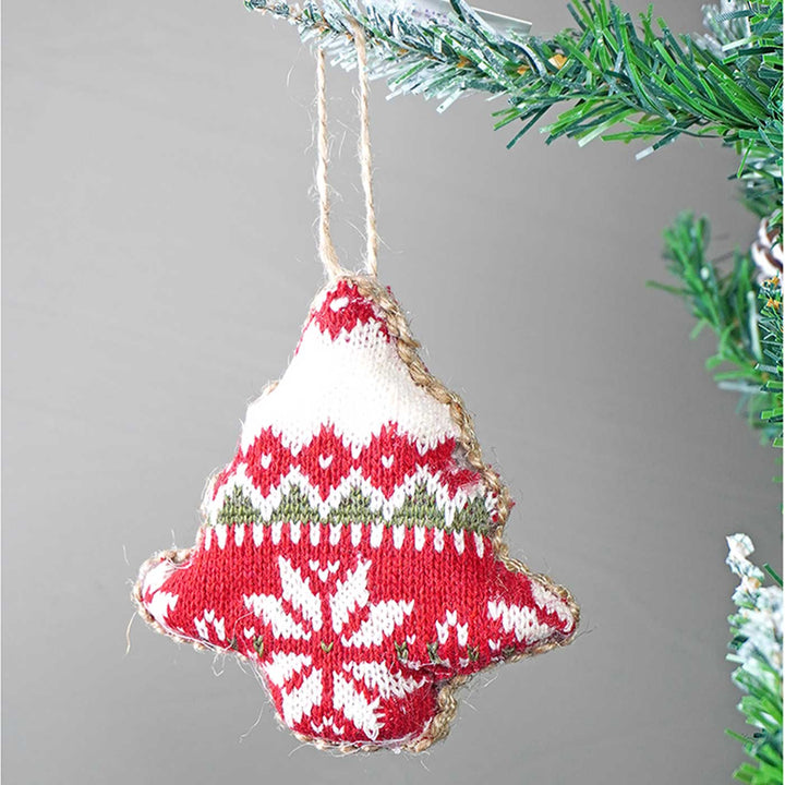 Handmade Red Knitted Snowflakes Themed Ornaments For Christmas Tree Decoration | Set Of 6