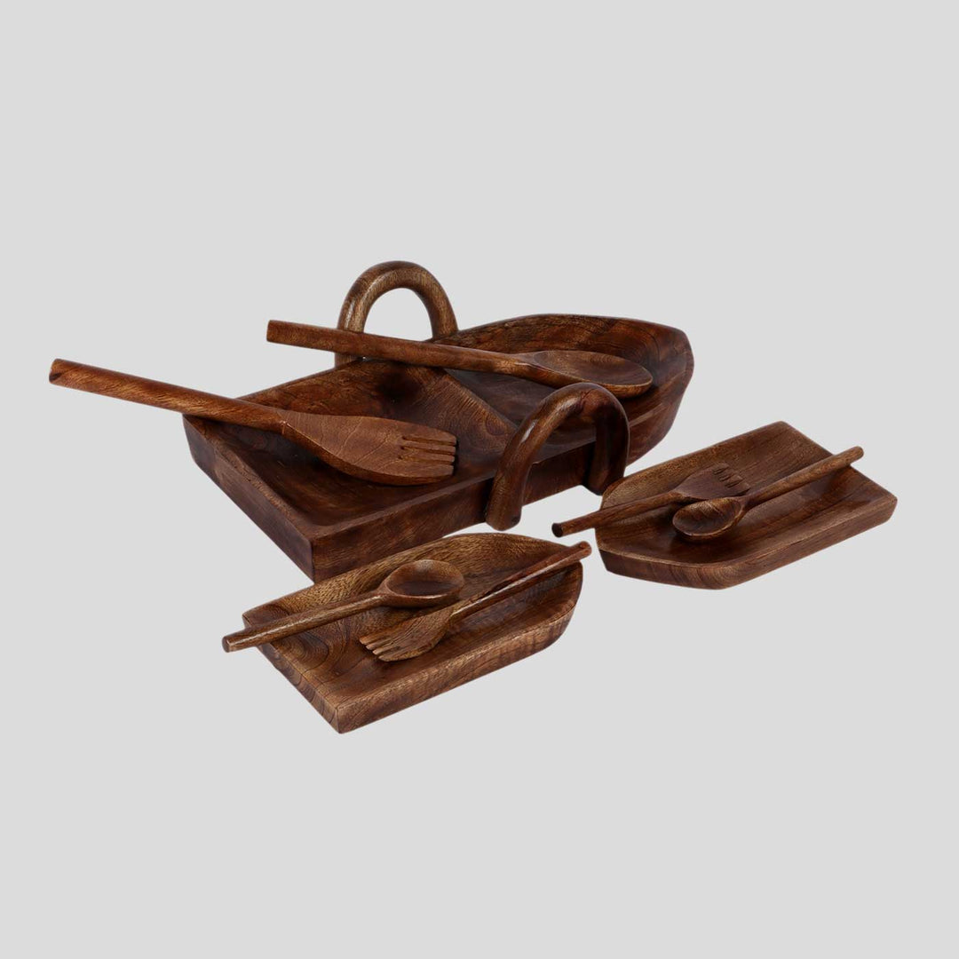 Handmade Boat Shaped Mangowood Snacks Platters | Set Of 9