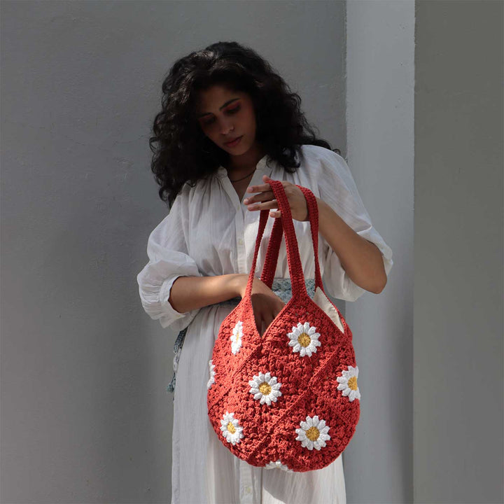 Handmade Crochet Pink Daisy Hobo Shoulder Bag