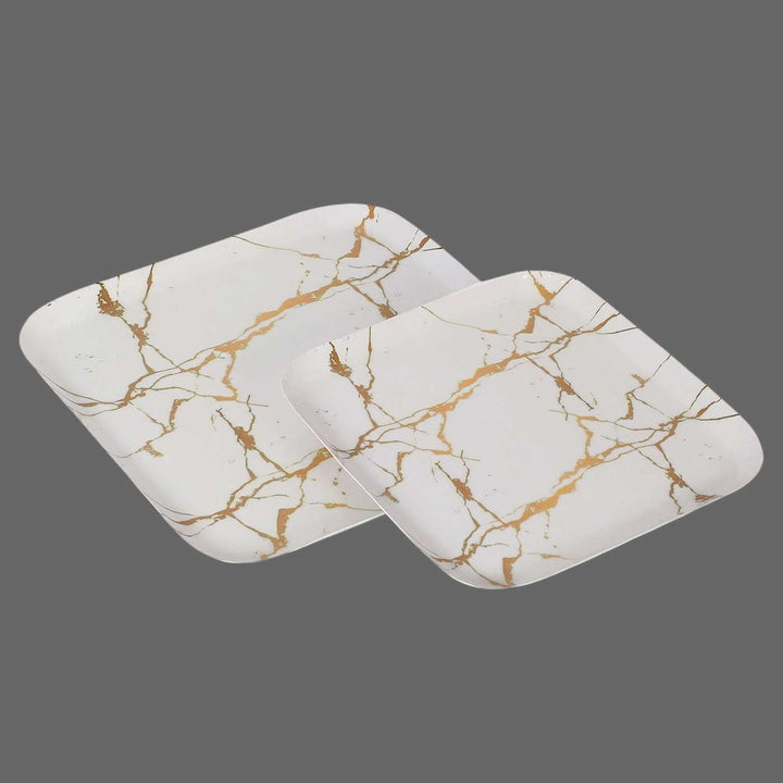 Handmade White & Gold Square Metal Platter | Set Of 2