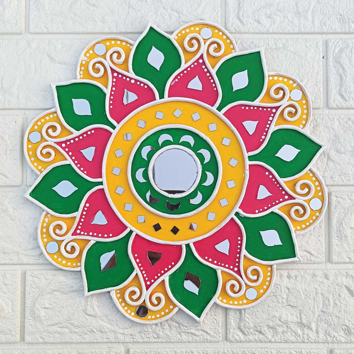 Handmade Green & Yellow Lippan Art Floral MDF Wall Plate