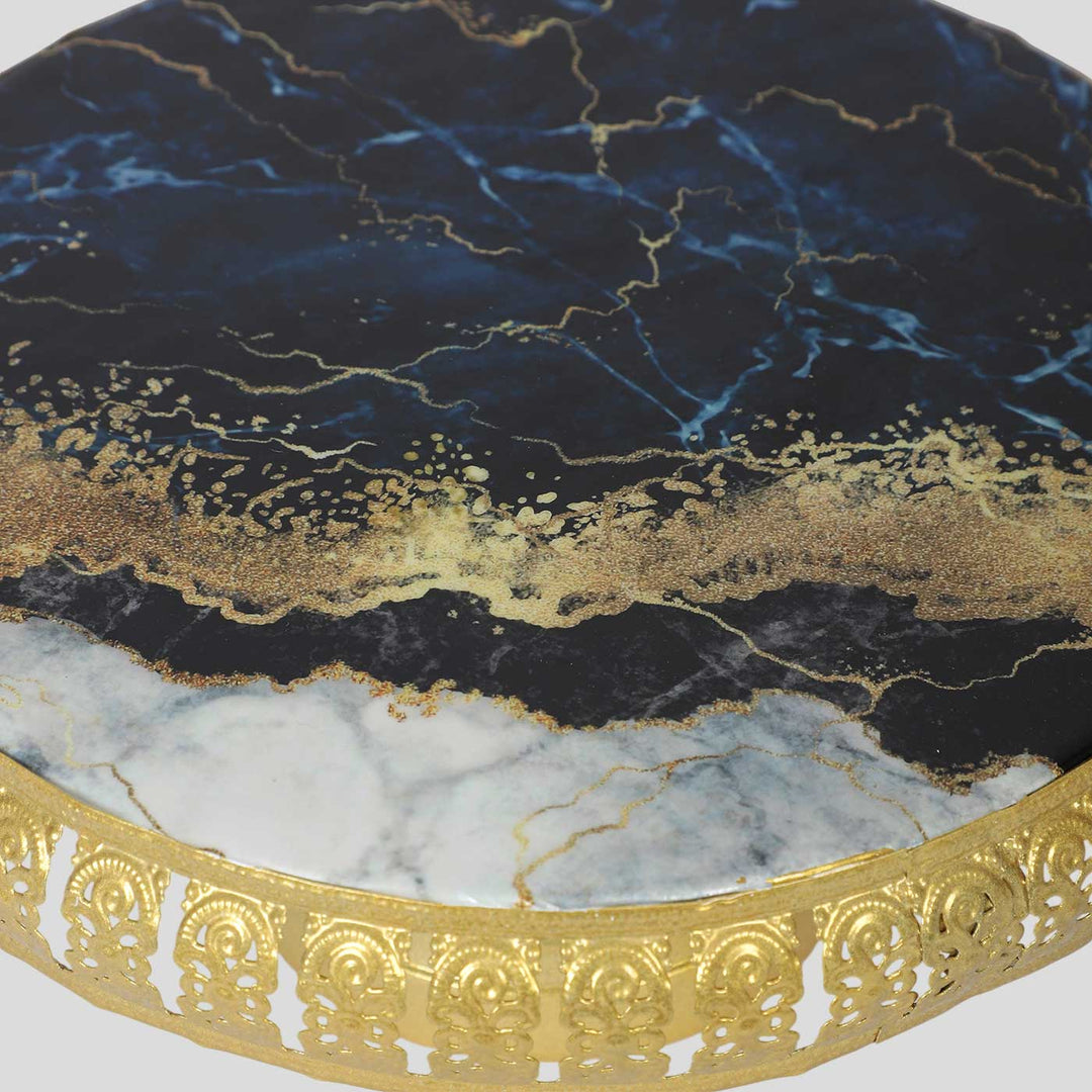 Handmade Blue & Gold Metal Cake Platter With Knife & Server