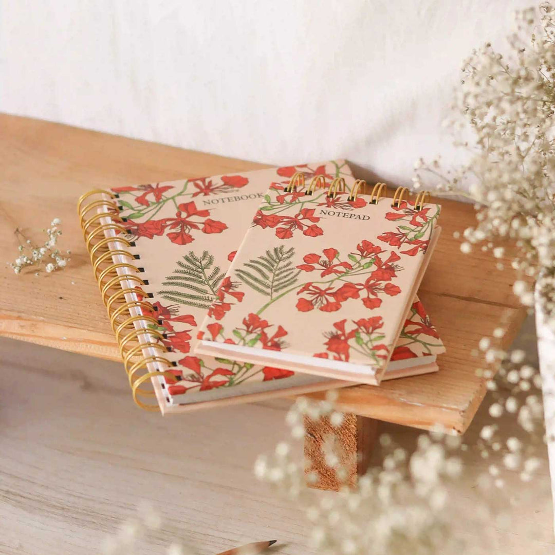 Handmade Gulmohar Red Spiral Notebook and Notepad Set | 80 Pages