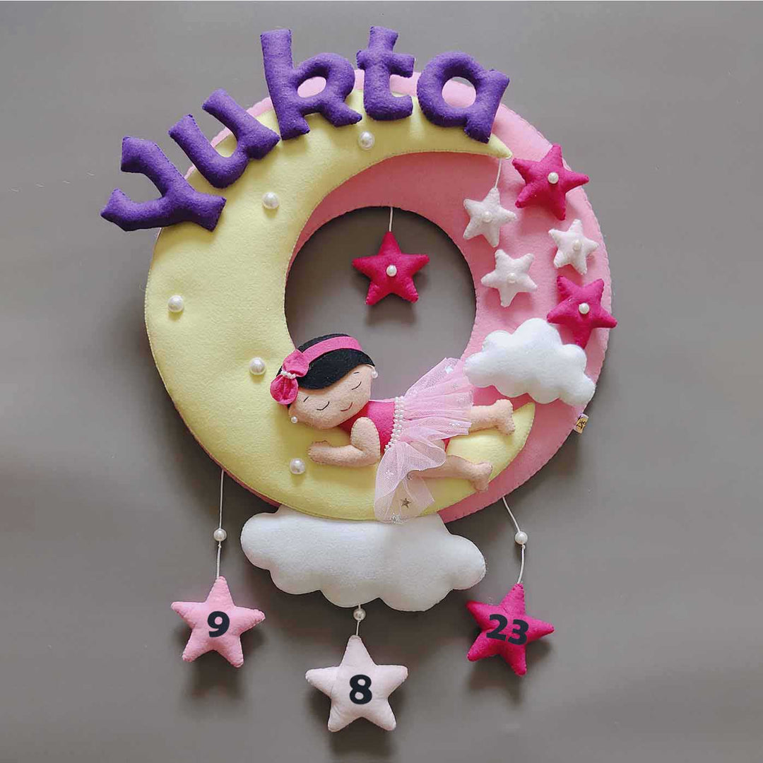 Hand-stitched Baby on the Moon themed Round Felt Kids Name Plate for Girls