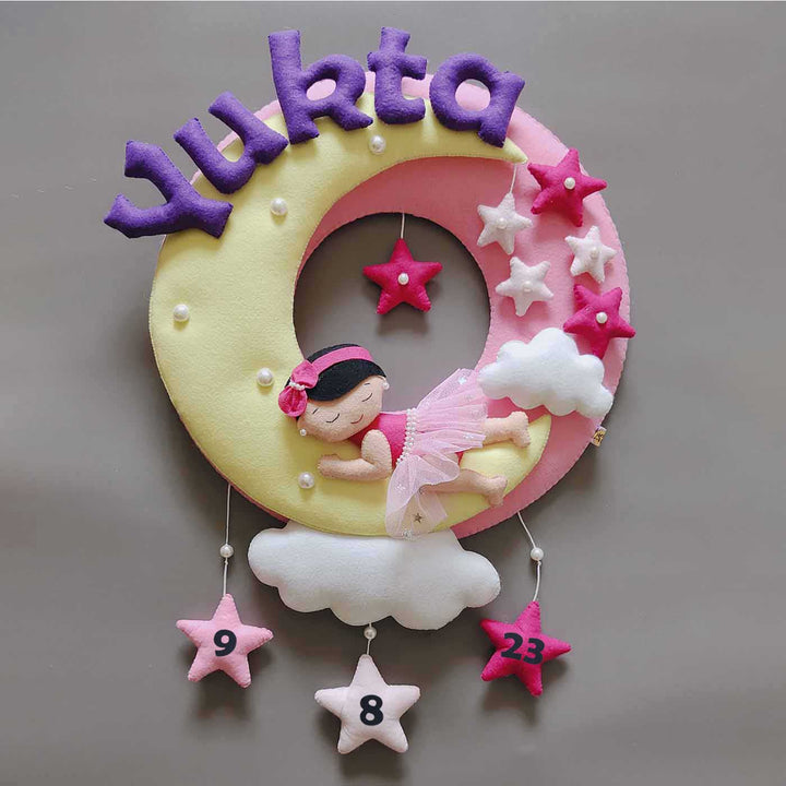 Hand-stitched Baby on the Moon themed Round Felt Kids Name Plate for Girls