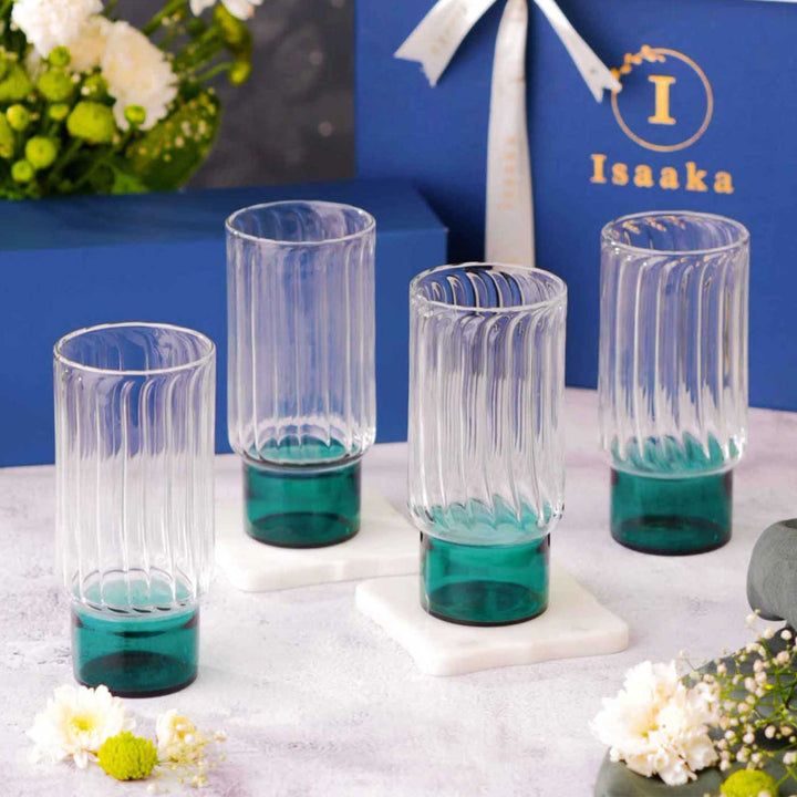 Handmade Teal Borosil Glass Highball With Gift Box | Set Of 4