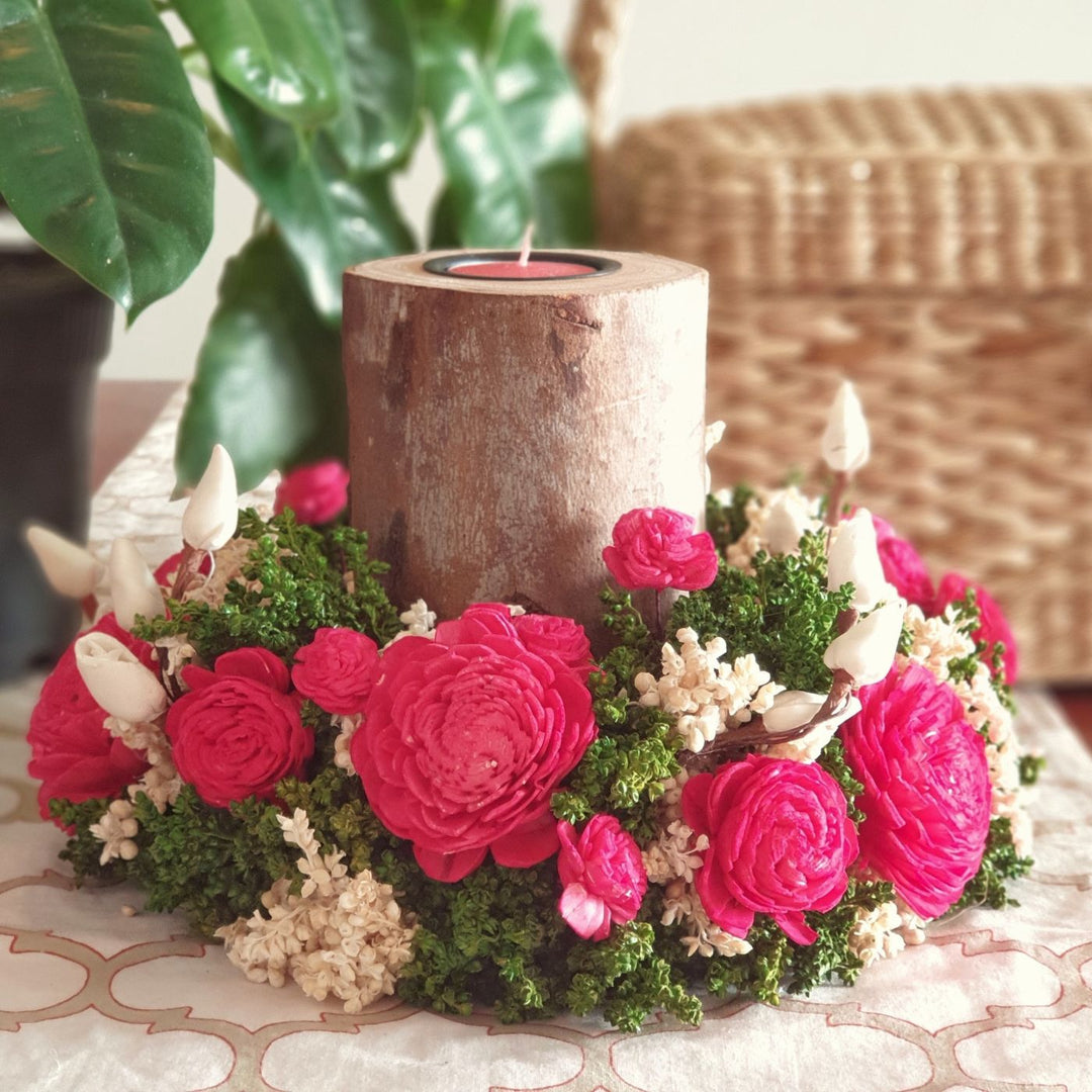 Handmade Elegant Red Shola Flower Centerpiece With Candle Holder