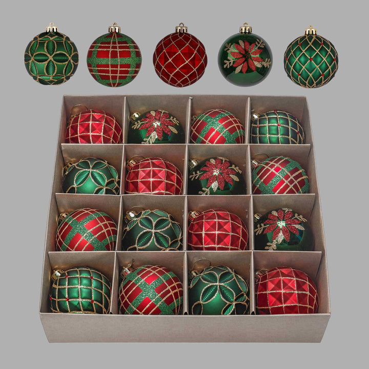 Red, Green & Gold Christmas Ball Ornaments For Decoration | Set of 16