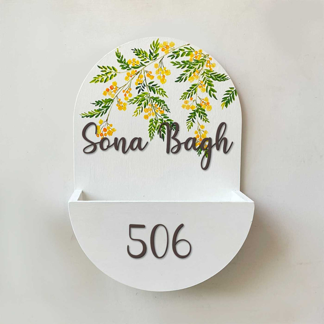 Personalized Handmade Golden Floral MDF Wood Name Plate