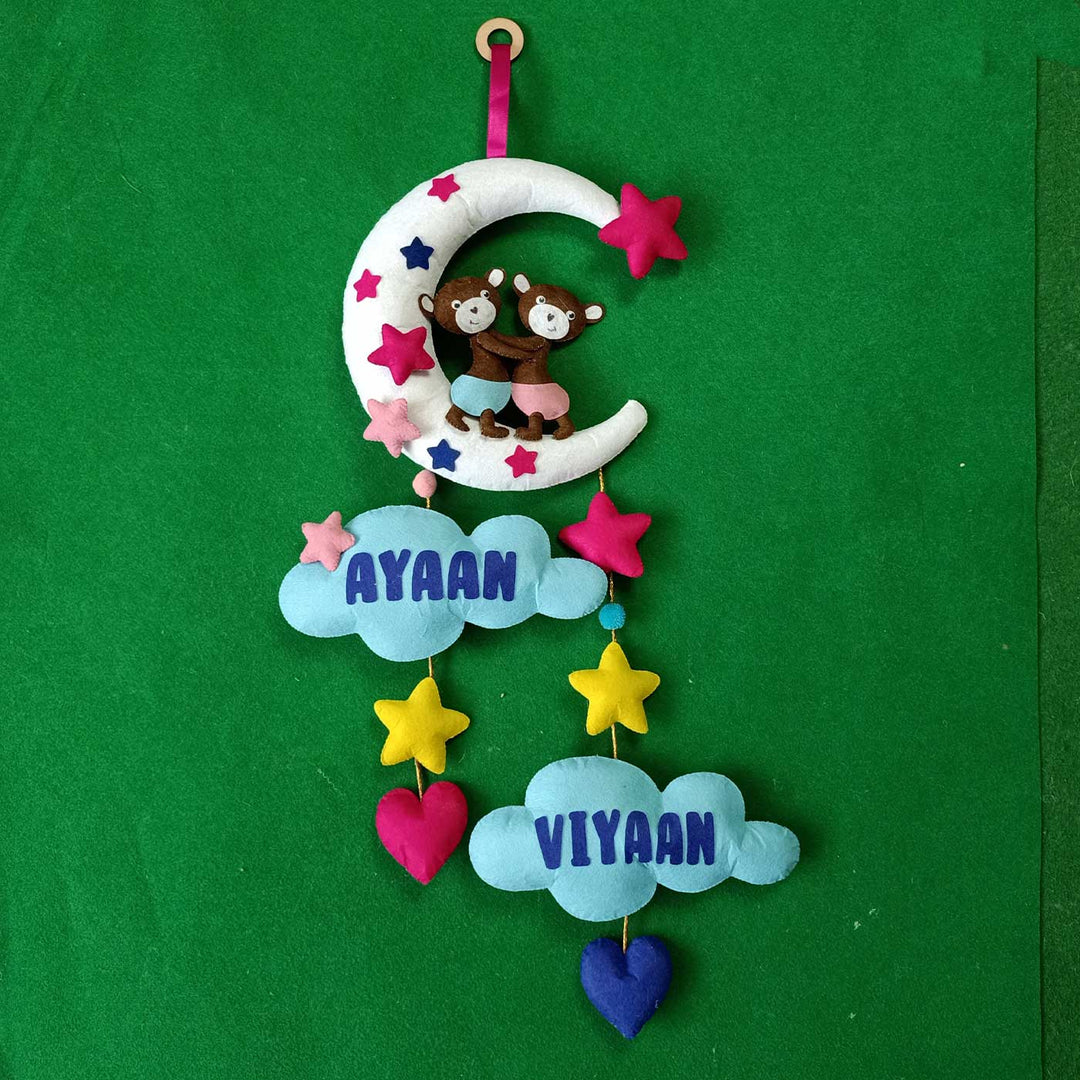 Personalized Handmade Moon Shaped Felt Kids Name Plate For Siblings