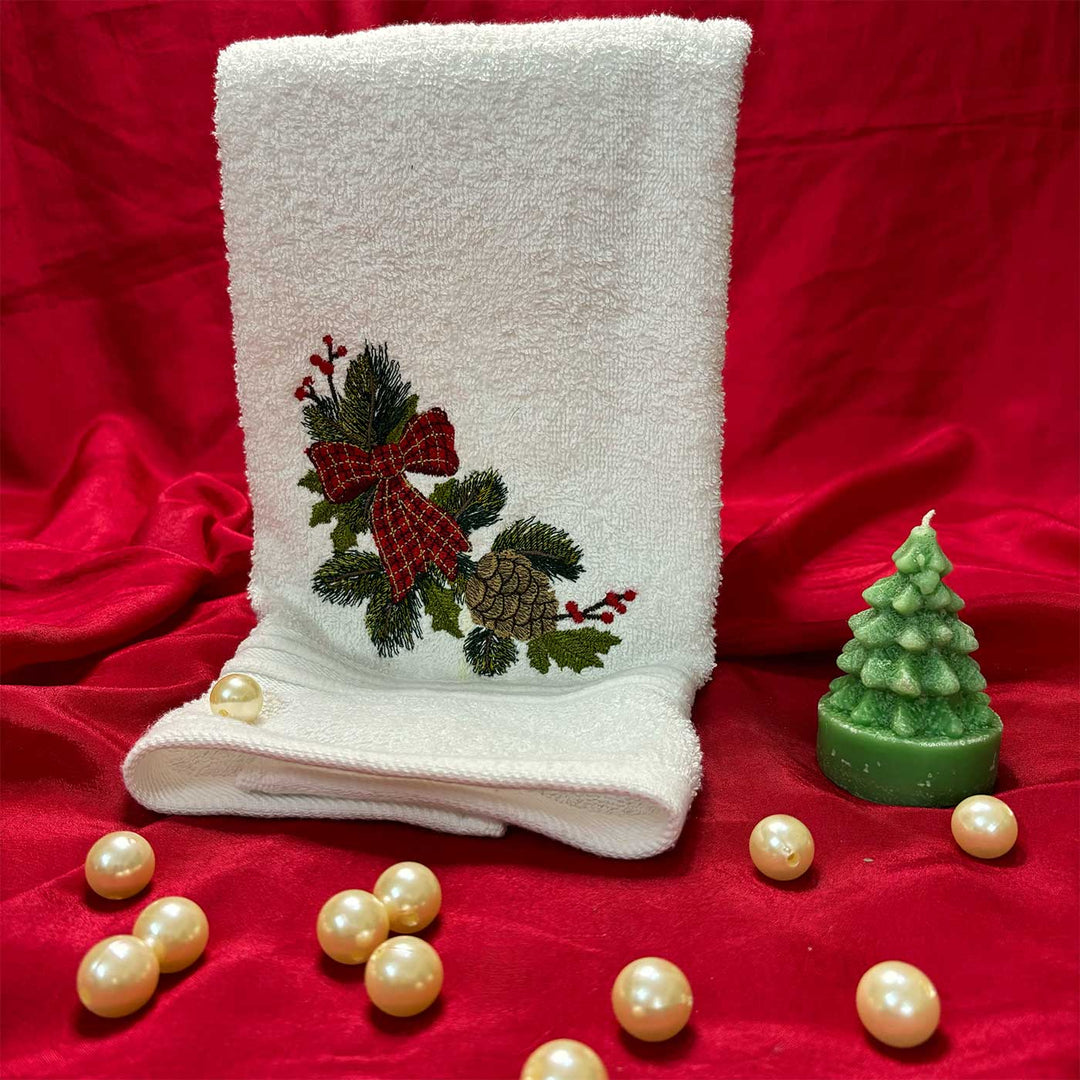 Personalized Pine & Bow Embroidered Cotton Hand Towel | Xmas Gifting Ideas