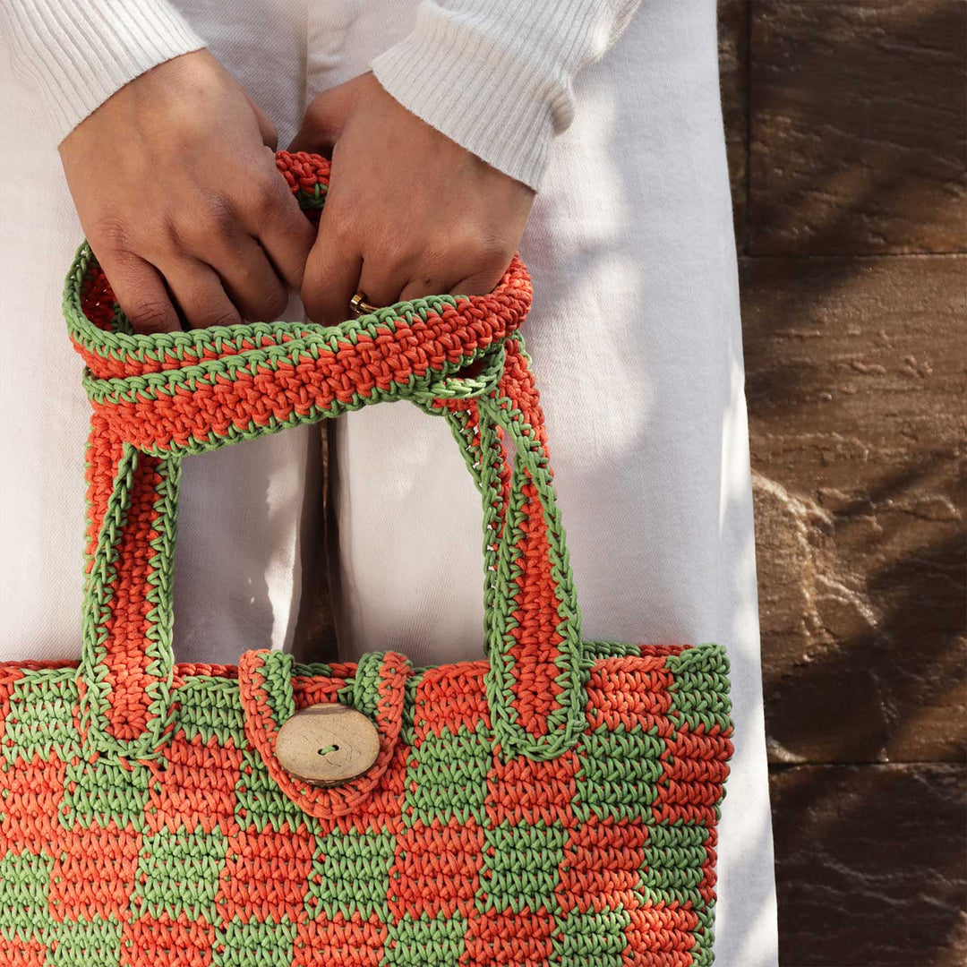 Handmade Crochet Checkered Tote Bag