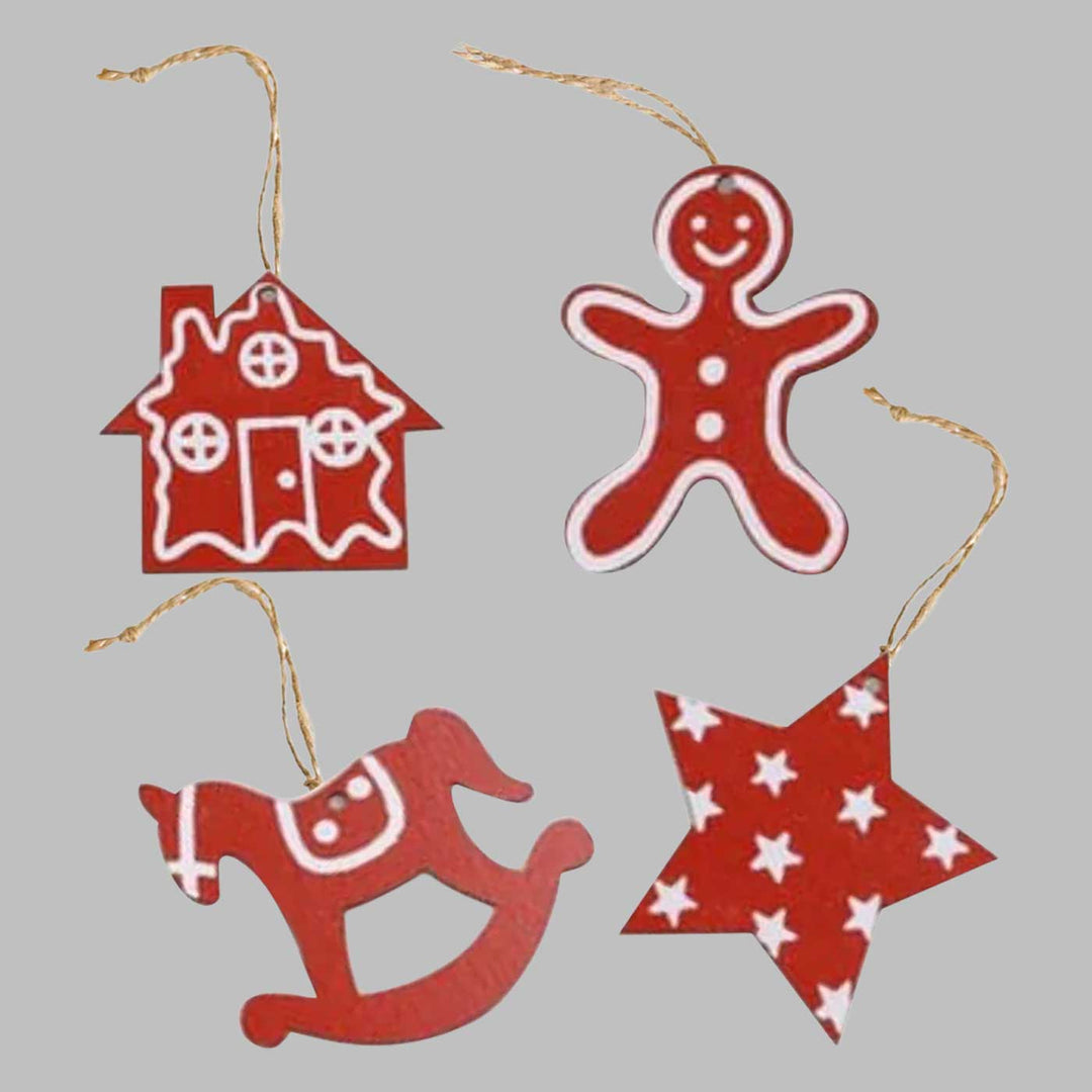 Handmade Radiant Red Mdf Wood Ornaments For Christmas Tree Decoration | Set Of 4