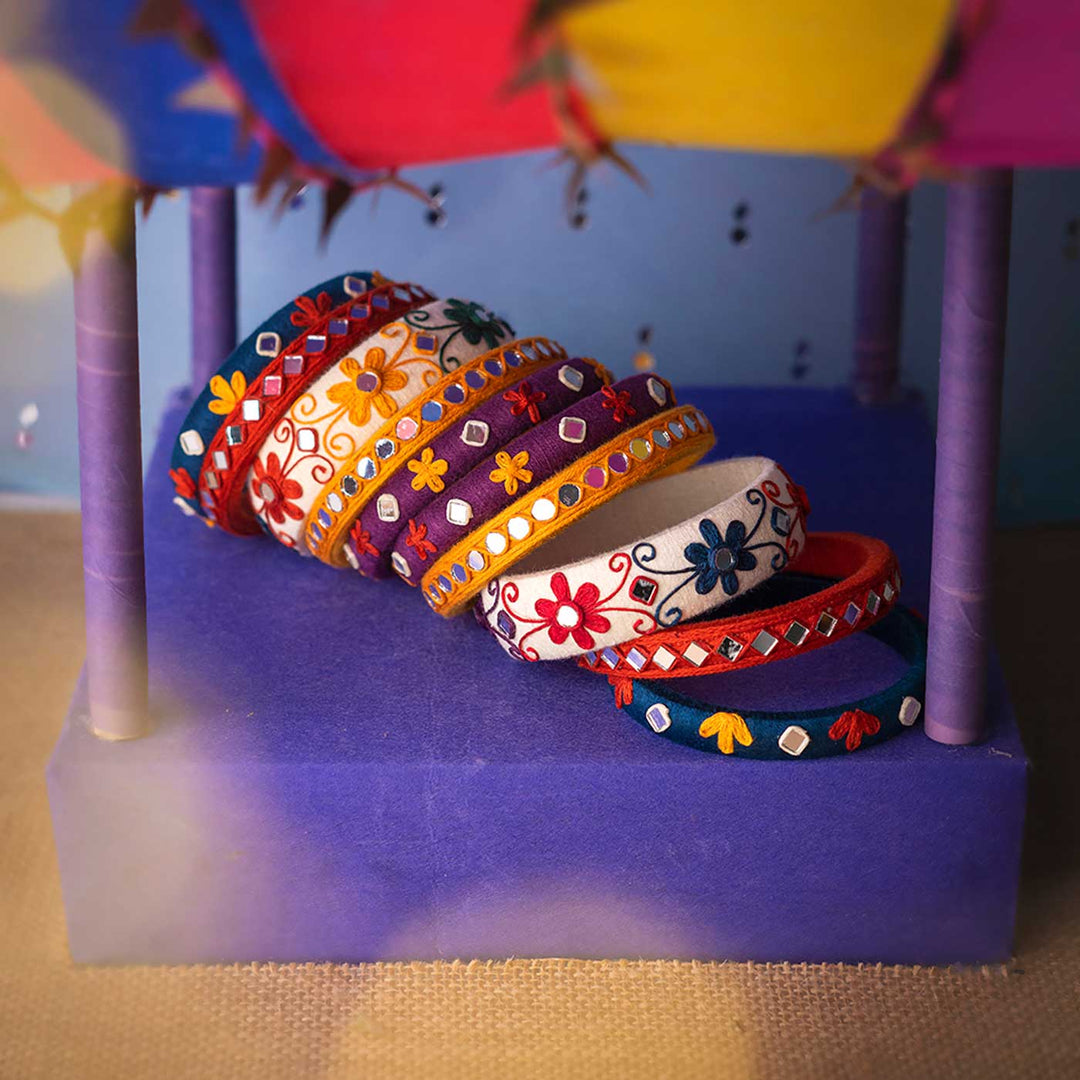 Multicolour Handcrafted Parul Flower Embroidery Work Bangles | Set of 10