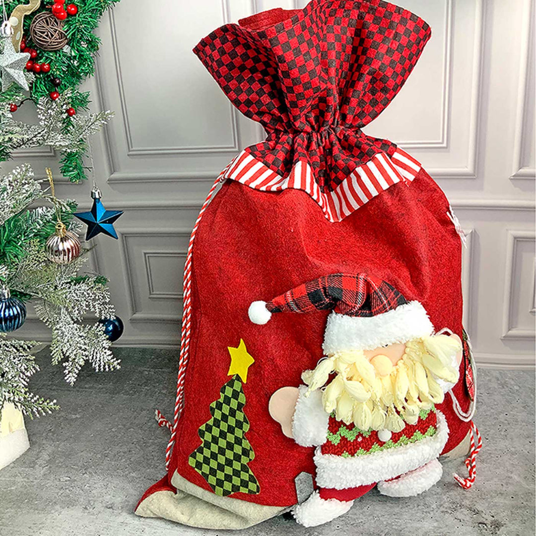 Handmade Santa Red & Grey Checks Plush Fabric Gift Sacks For Christmas Decoration