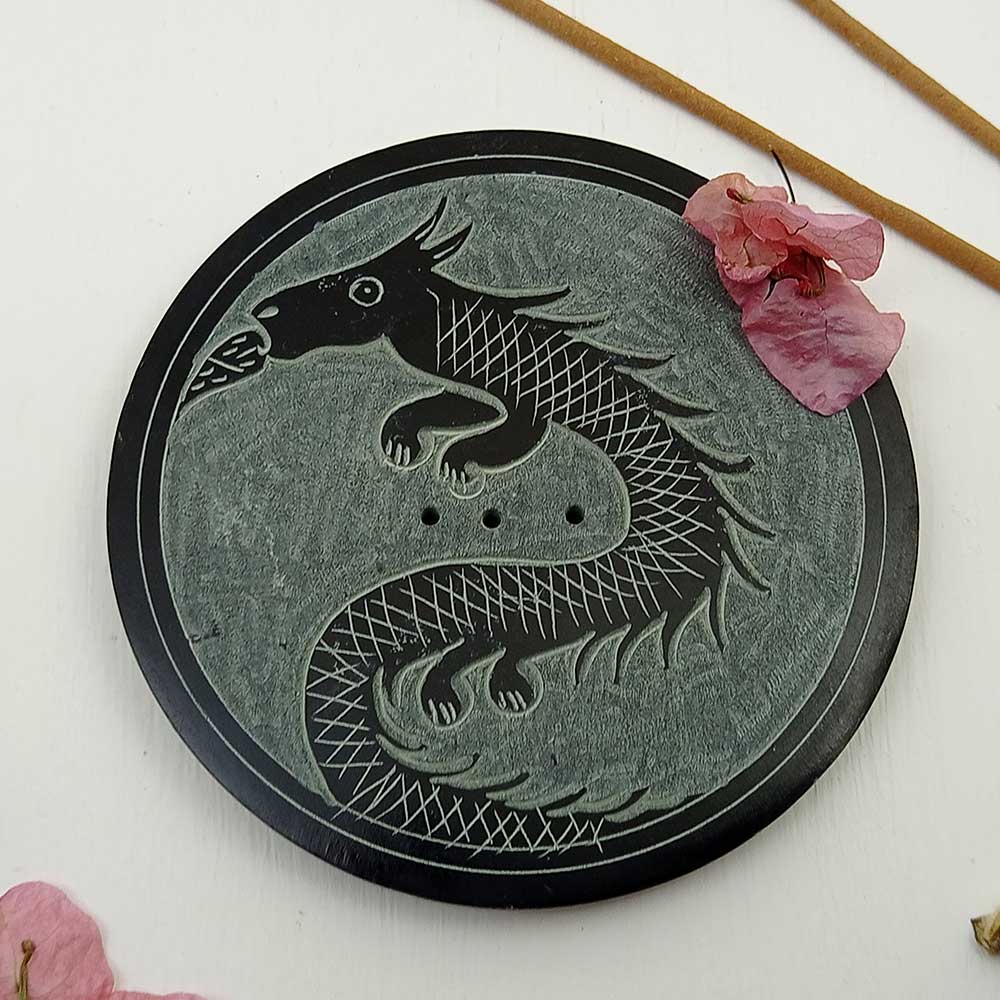 Handmade Black Iqrit Dragon Soapstone Incense Stick Holder | Set of 2