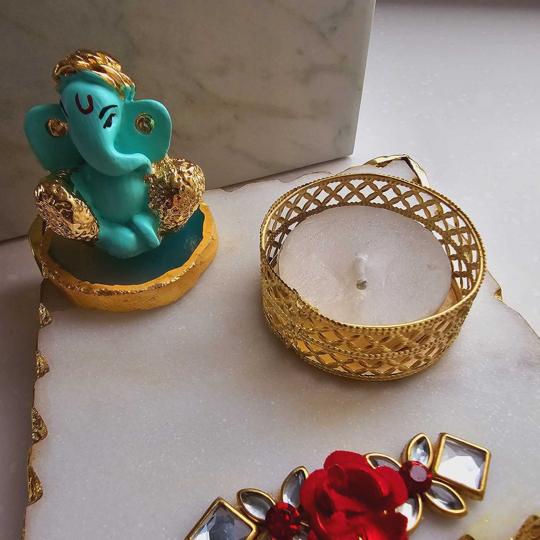 Handmade Green Ganesha With Marble Pooja Chowki And Tea Light Holder