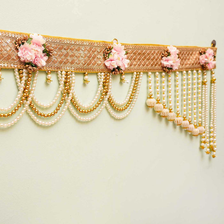 Handmade Gold And White Moti Toran With Pink Flowers