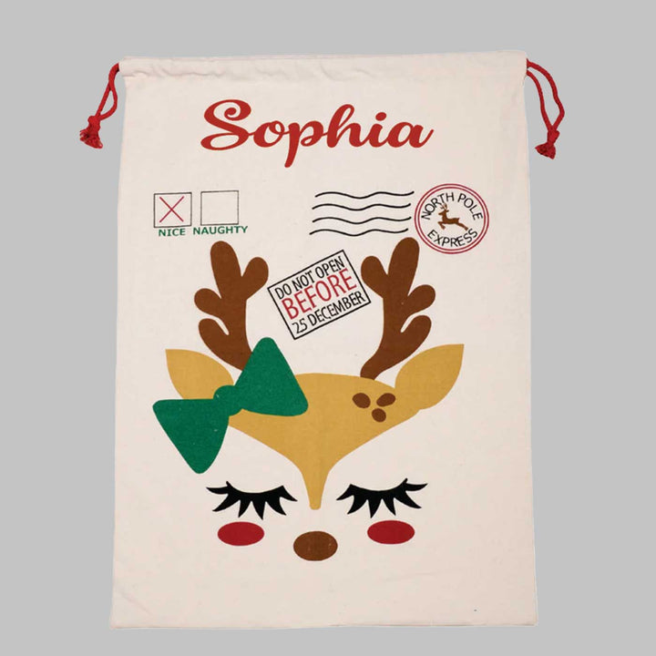 Personalized Reindeer With A Bow Extra Large Muslin Gift Sack | Xmas Gifting Ideas