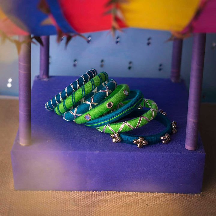 Blue & Green Handcrafted Aarohi Mirror Work with Ghugharu Bangles | Set of 7