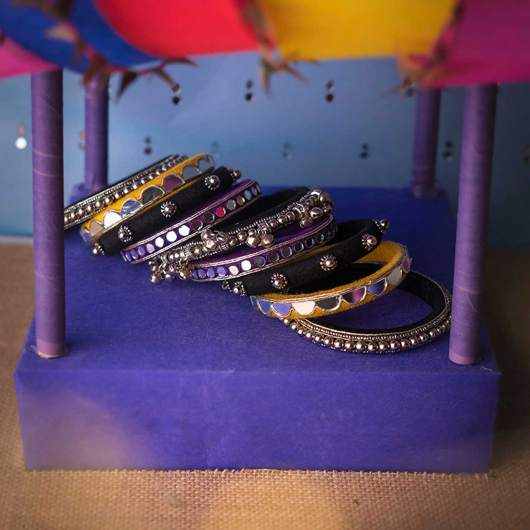 Black & Yellow Handcrafted Chitra Mirror Work Bangles | Set of 9