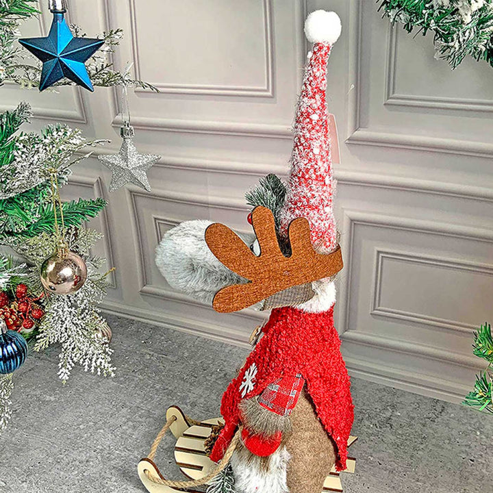 Grey & Red Deer On Snow Sledge Woolen Decor For Christmas Table Decoration