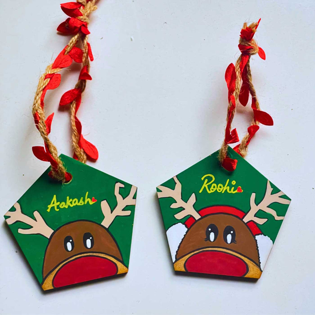 Personalized Green Reindeer Wooden Ornaments For Christmas Tree Decoration | Set Of 2