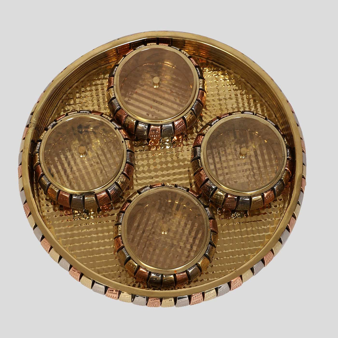 Handmade Round Brass Basket With Jars | Set Of 5