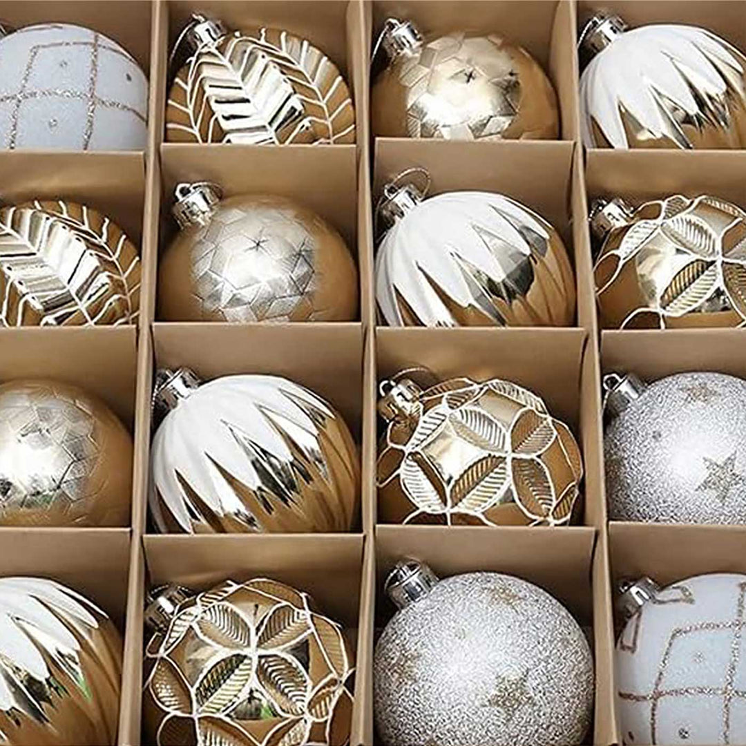 Gold & Silver Icing Theme Shimmer Set Christmas Ball Ornaments For Decoration | Set of 16