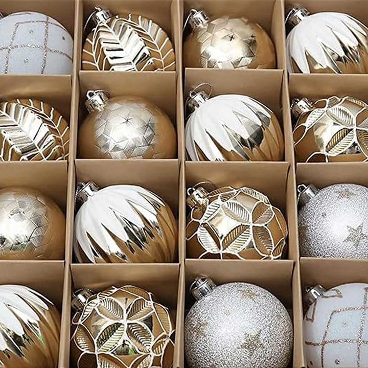 Gold & Silver Icing Theme Shimmer Set Christmas Ball Ornaments For Decoration | Set of 16