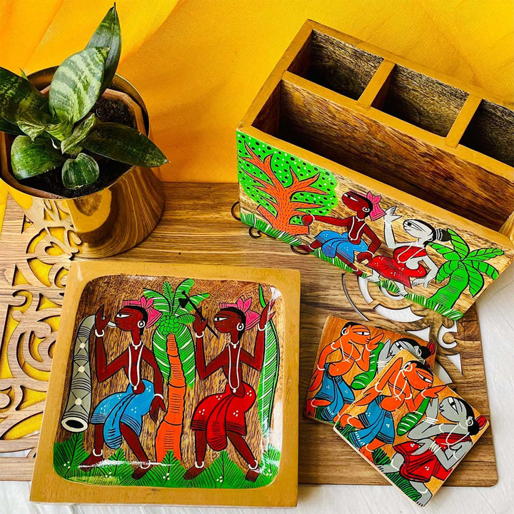 Hand-Painted Pattachitra Harshil Wooden Hamper | Set Of 3