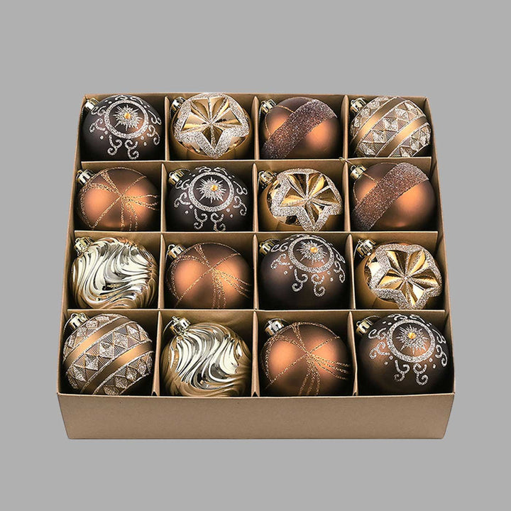 Brown & Gold Swirls & Stripes themed Christmas Ball Ornaments For Decoration | Set of 16