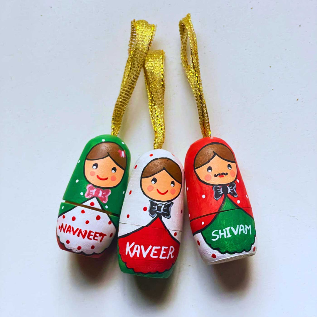 Personalized Russian Doll Wooden Ornaments For Christmas Tree Decoration | Set Of 3