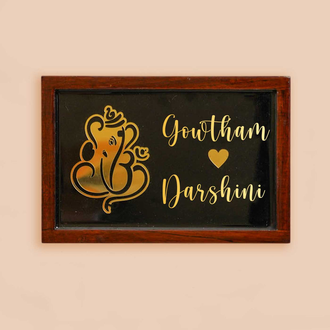 Personalized Ganesha Theme Resin Name Plate With Teak Wood Border For Couples