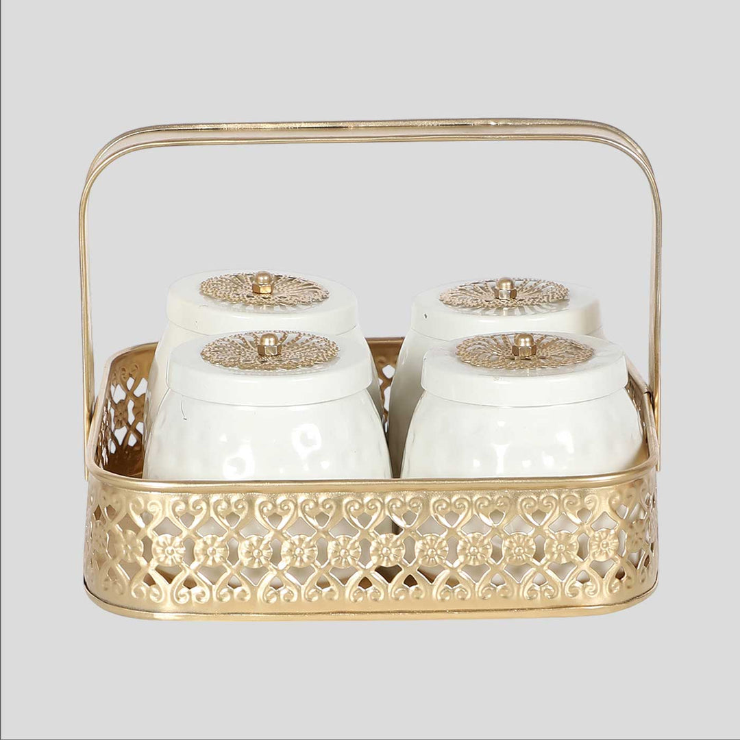 Handmade Gold & White Basket With Jar | Set Of 5