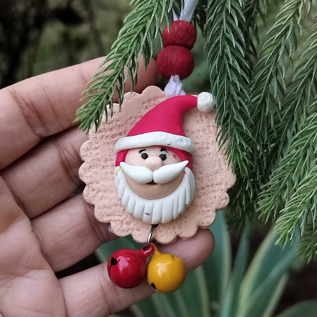 Handmade Santa Clay Ornament With Bell For Christmas Tree Decoration | Set Of 2