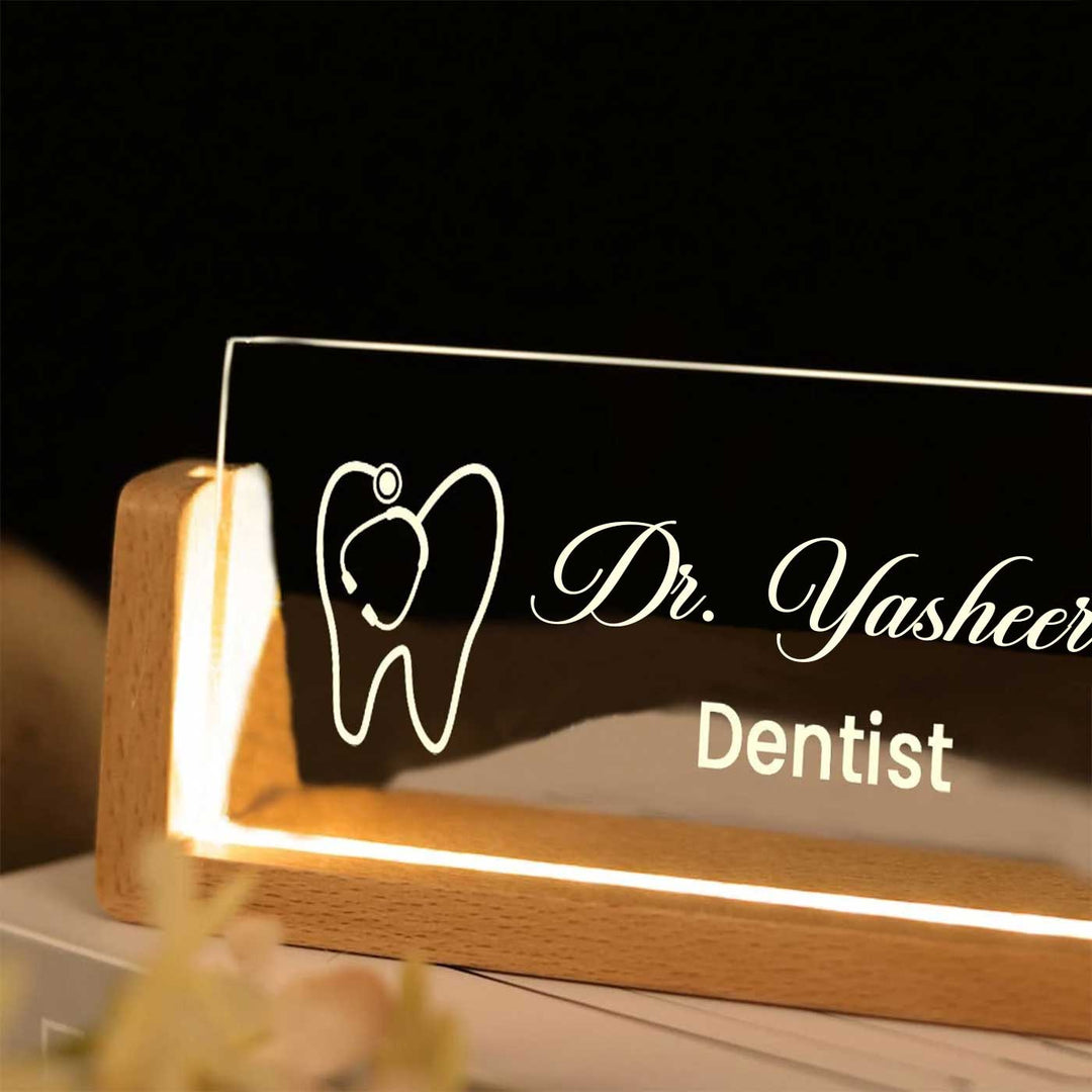 Personalized Dentist Sleek Glass Desk Nameplate With LED Light