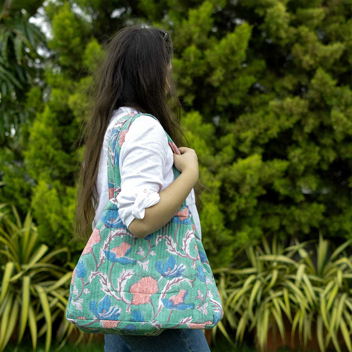 Block Printed Wildflower Convertible Quilted Cotton Tote Bag