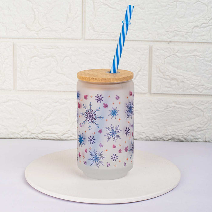 Frosted Printed Mason Jar with Wooden Lid & Straw | 350 ml