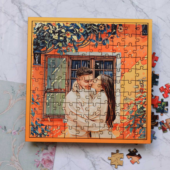 Photo Personalized Orange Floral MDF Wood Puzzle