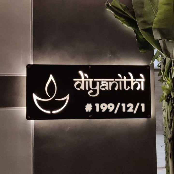 Personalized Waterproof Diya Design Laser Cut Metal LED Name Plate