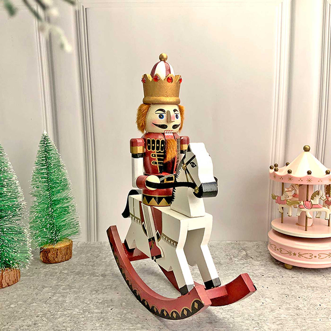 Maroon Rocking Horse Nutcracker Self-Standing Wooden Decor For Christmas Table Decoration