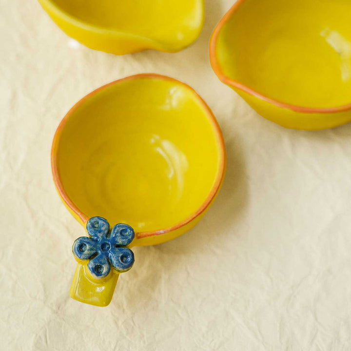 Handmade Sunlit Yellow & Blue Flower Ceramic Oil Lamp / Diya | Set of 4